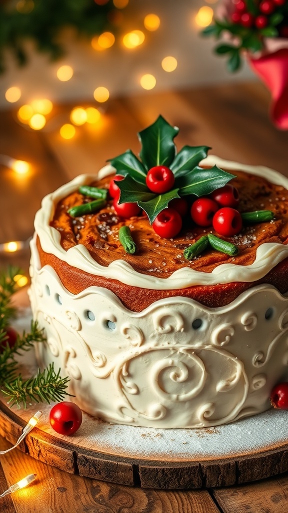 A traditional Christmas fruit cake decorated with icing and holly, on a wooden table with festive lights.